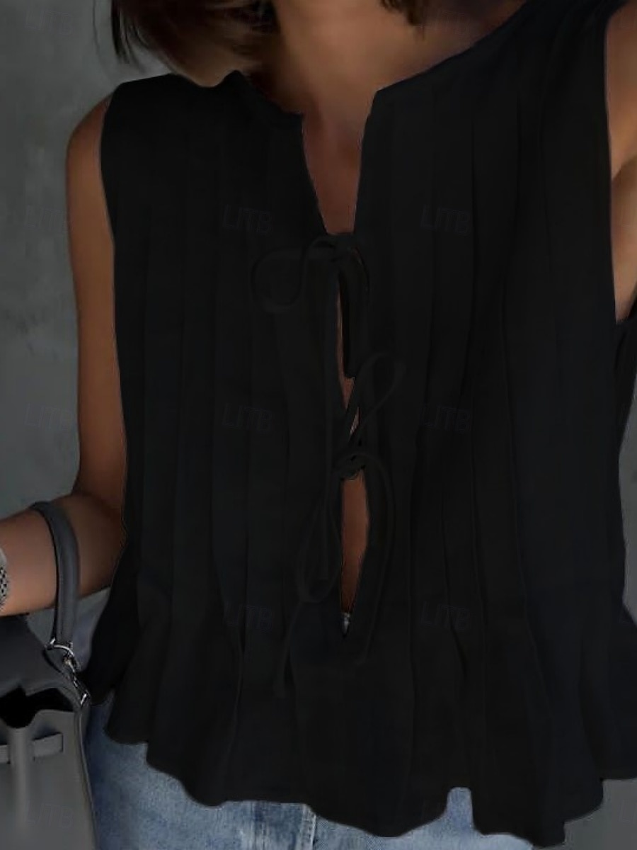 Per donna Abbottonare Camicia in cotone e lino Tinta unica Essenziale Casual Senza Maniche Girocollo Top Regolari Quotidiano Volant Nero Bianco Rosso Estate Primavera del 2025 a $34.99 –P9