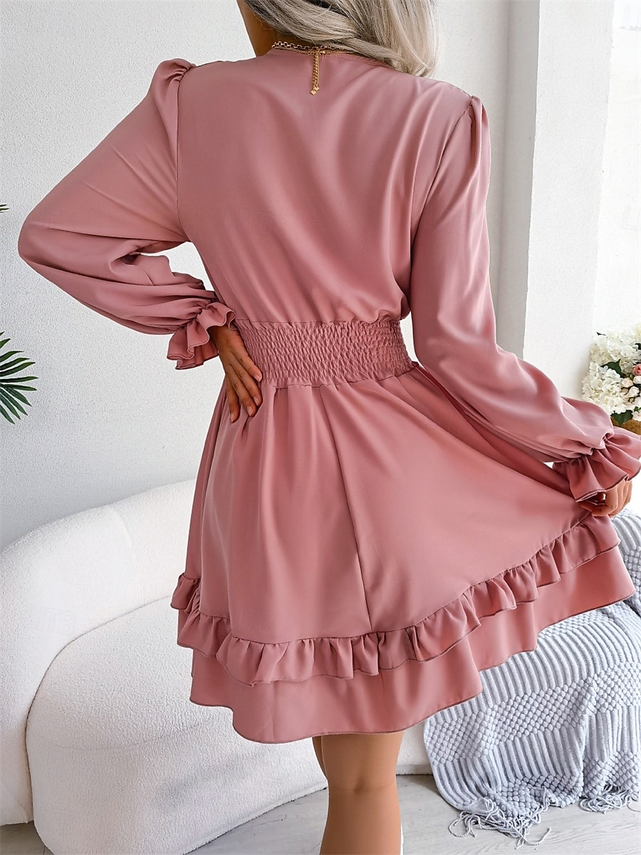 Mujer Mini vestido Vestido informal Vestido de una línea Elegante Estilo lindo Casual Vacaciones Fiesta Diario Ajuste regular Plano Manga Larga Escote en Pico Blanco Rosa Azul Piscina Primavera Otoño 2025 - $35.99 –P6