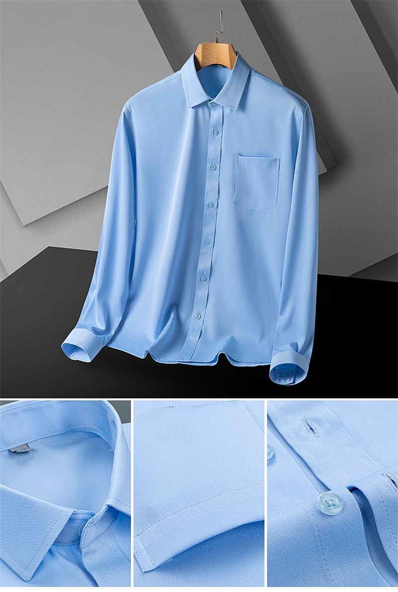 Hombre Camisa para Vestido Camisa sin planchar Plano Diario Exterior Bleu Ciel Azul Marino Manga Larga Cuello Vuelto Verano Primavera Ropa 2026 - $28.99 –P3