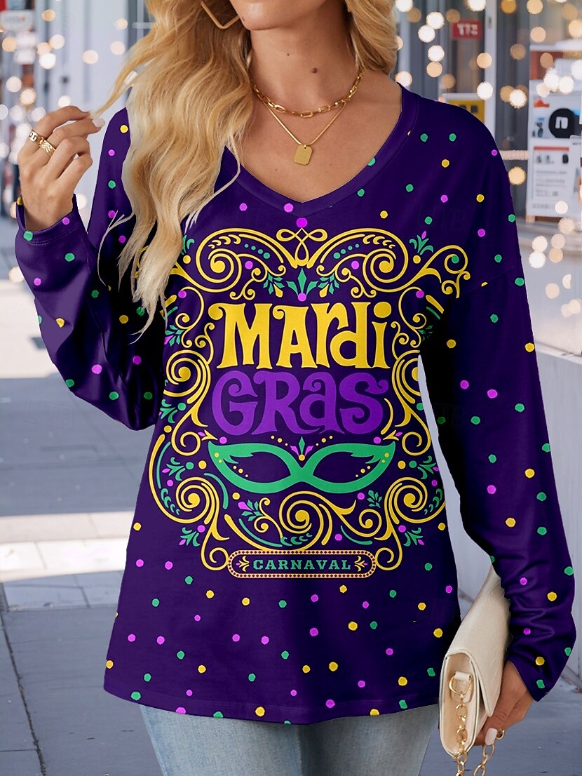 Carnival Women's T Shirt Graphic Casual Long Sleeve V Neck Long Tops Daily Weekend Print Purple Fall Winter 2025 - $24.99 –P3