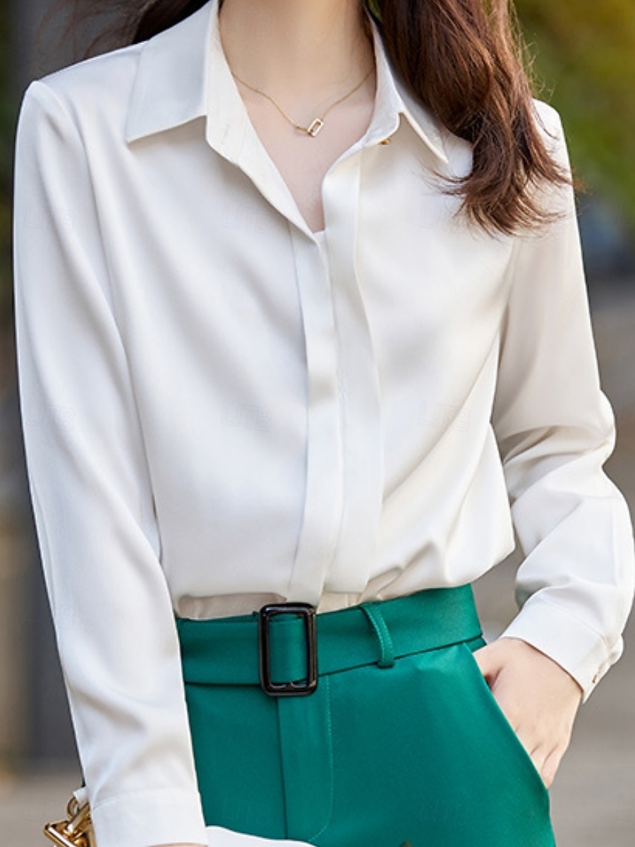 Dames Overhemd Blouse Effen Kleur Basic Casual Lange mouw Overhemdkraag Normale tops Dagelijks Knop Wit Groen Grijs Herfst Winter 2025 - $36.99 –P7