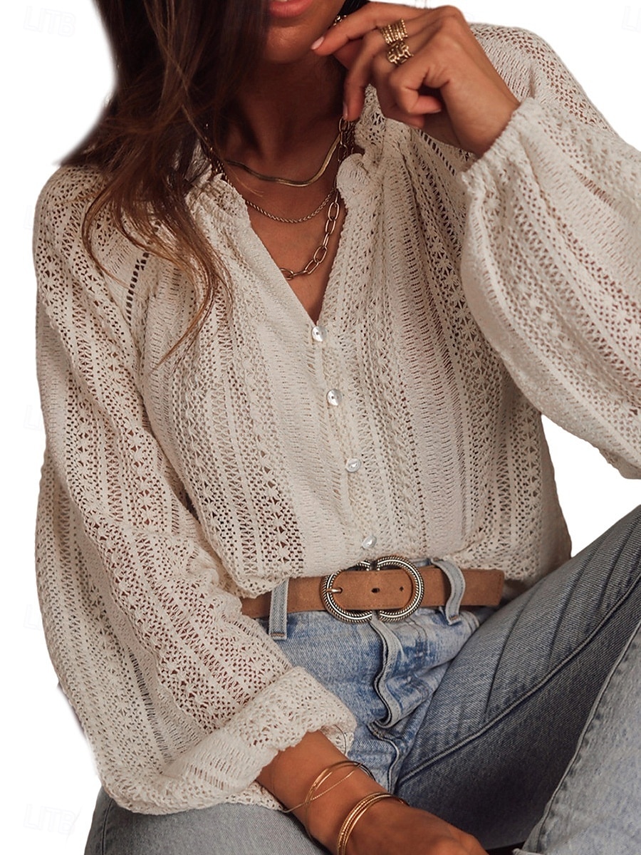 Dame Skjorte Bluse عادي Bohem Fritid Langermet Skjortekrage Vanlige topper Daglig Knapper Snørehull Beige Sommer Vår Høst 2025 - $39.99 –P3