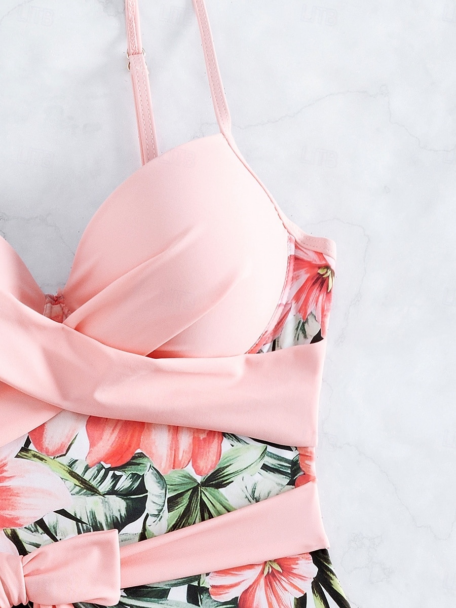 Dam Badkläder En bit Monokini Baddräkt Öppen rygg Magkontroll Hög midja Smal Semester Standkläder Blommig V-hals Ärmlös Baddräkter 2025 - $27.99 –P5