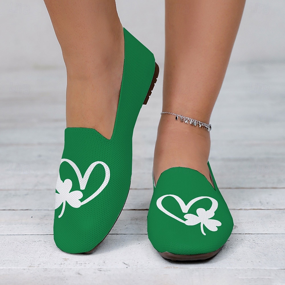 comode ballerine verdi slip-on da donna con stampa a forma di cuore e trifoglio, perfette per festeggiare il giorno di San Patrizio del 2025 a $29.99 –P1