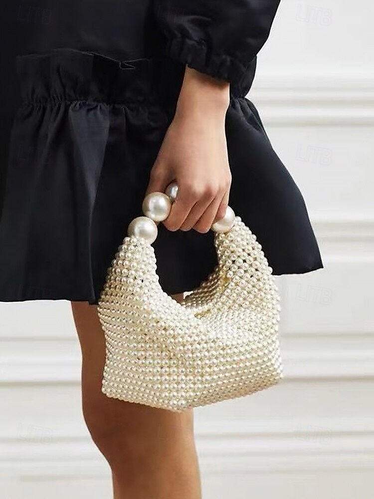 Women's Faux Pearl Beaded Handbag with Large Pearl Handle, Elegant Evening Clutch for Weddings, Parties and Formal Events Black Silver Beige 2025 - $34.99 –P2