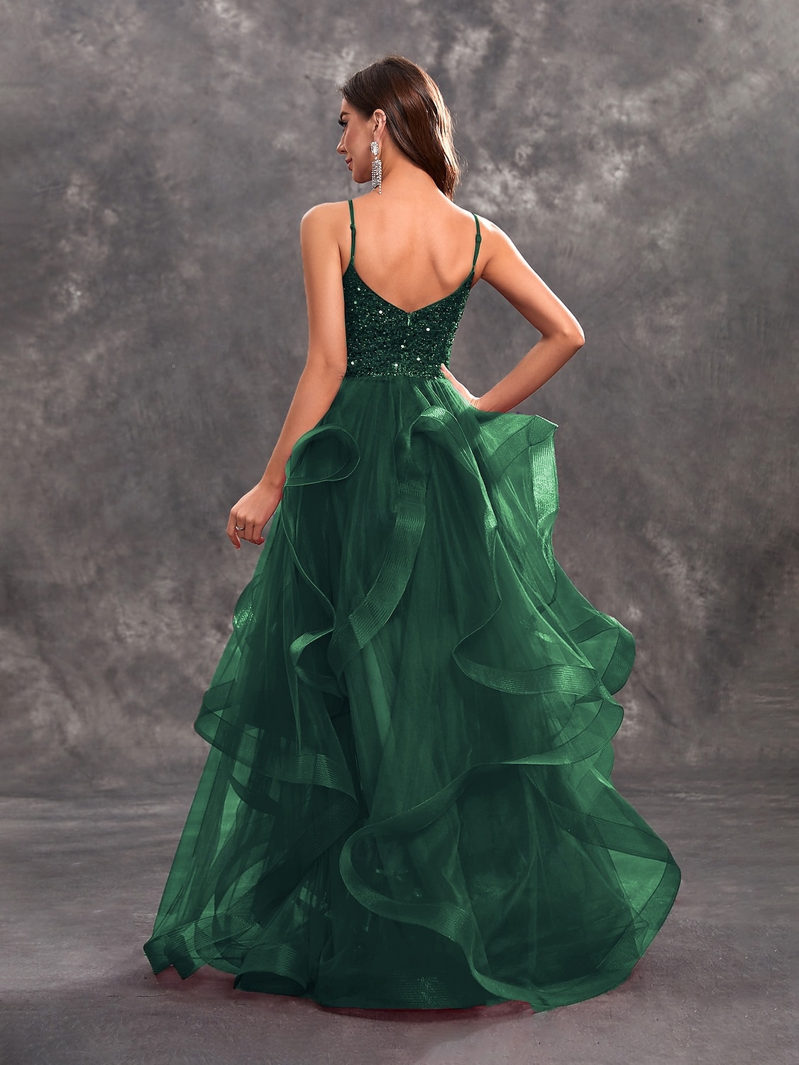 Prom Klänningar A-linje Elegant Klänning Glitter Tyll Formell Bröllopsgäst Golvlängd Ärmlös V-ringad 2024 2025 - $173.99 –P3