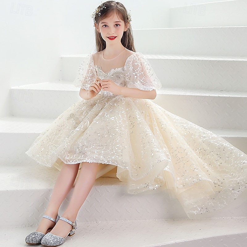 Flower Girl Dress Kid's Girls' Princess Dress Performance Wedding Party Elegant Beautiful Sequins Mesh Solid Color Short Sleeve Crew Neck Champagne 4 years+ 2026 - $61.99 –P3