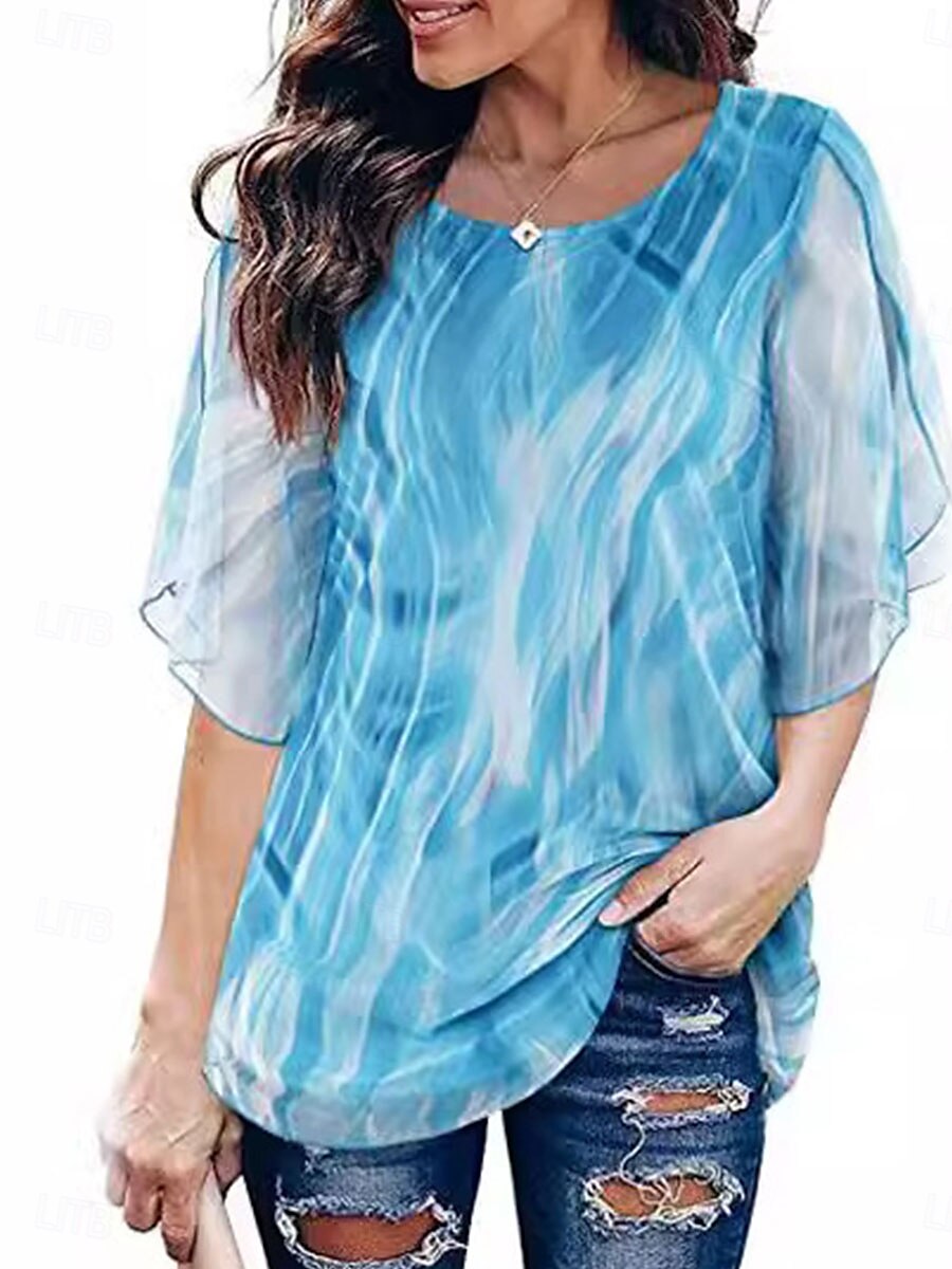 Damen Bluse Graphic Stilvoll Brautkleider schlicht 3/4 Ärmel Rundhalsausschnitt Normale Oberteile Urlaub Party Arbeit Schwarz Weiß Blau Frühling Herbst 2025 - $29.99 –P1