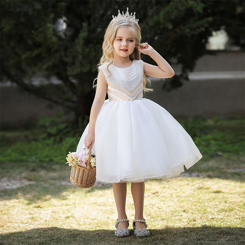 Robe de Demoiselle d'Honneur Fille enfants Fille Robe de princesse Utilisation Mariage Soirée Elégant Magnifique Maille Couleur unie Sans Manches Col Ras du Cou Blanche Champagne 4 ans et + de 2025 ? $38.99 –P4
