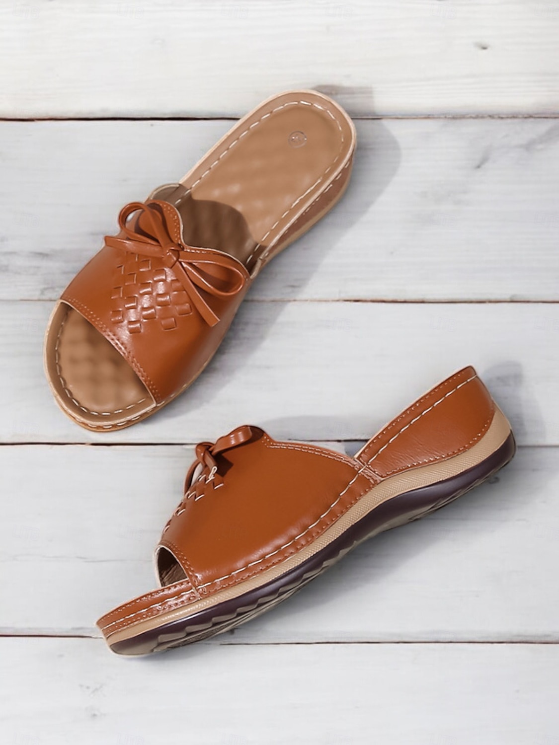 Women's Brown Open-Toe Slide Sandals with Woven Pattern and Bow Detail - Comfortable Casual Footwear for Summer and Daily Wear 2025 - $26.99 –P4