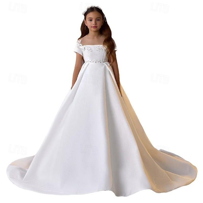 Blumenmädchenkleid Mädchen Kleid für die Erstkommunion Party Kleid Leistung Hochzeit Party Prinzessin Süß Gitter Feste Farbe Ärmellos Schulterfrei Elfenbein Kinder 2025 - $102.99 –P5