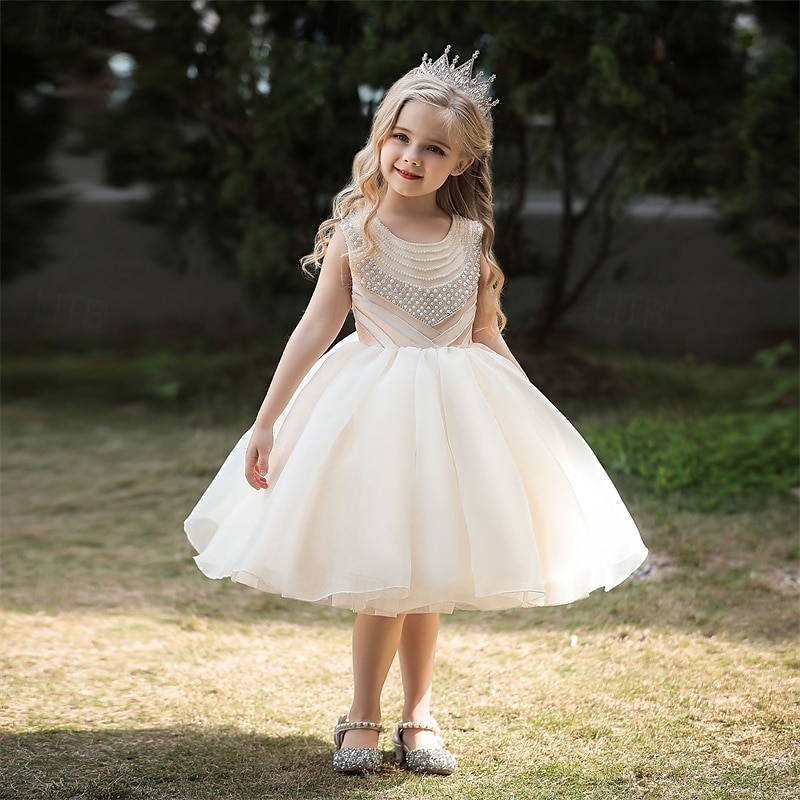 Robe de Demoiselle d'Honneur Fille enfants Fille Robe de princesse Utilisation Mariage Soirée Elégant Magnifique Maille Couleur unie Sans Manches Col Ras du Cou Blanche Champagne 4 ans et + de 2025 ? $38.99 –P10