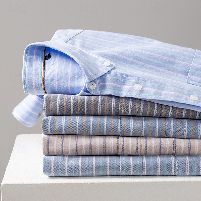 Men's 100% Cotton Oxford Shirt grey blue Light Green Pink Purple Long Sleeve Striped Button Down Collar School Wedding Buttons Clothing Apparel Neutral Fashion Daily 2025 - $28.99 –P15