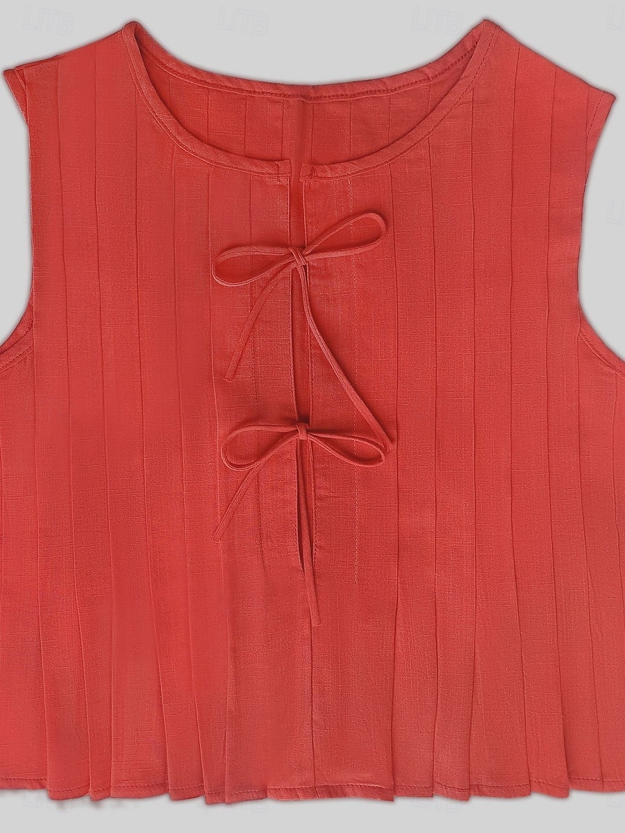 Per donna Abbottonare Camicia in cotone e lino Tinta unica Essenziale Casual Senza Maniche Girocollo Top Regolari Quotidiano Volant Nero Bianco Rosso Estate Primavera del 2025 a $34.99 –P7