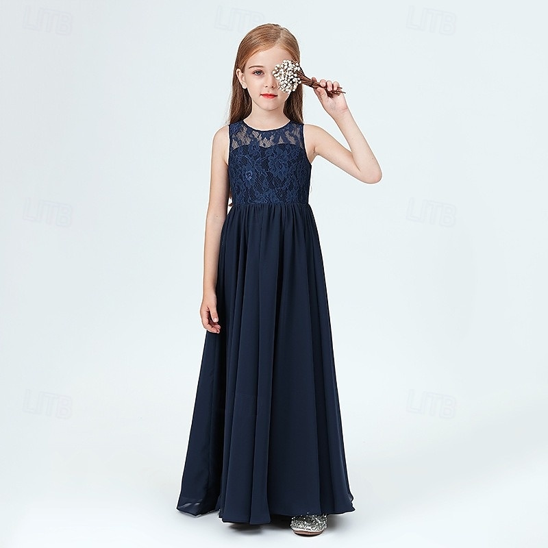 Kids Girls' Flower Girl Dress Party Dress Solid Color Sleeveless Performance Wedding Party Mesh Princess Sweet Mesh Mid-Calf Sheath Dress Tulle Dress Summer Spring Fall 2-12 Years 4-13 Years Navy Blue 2025 - $55.99 –P1