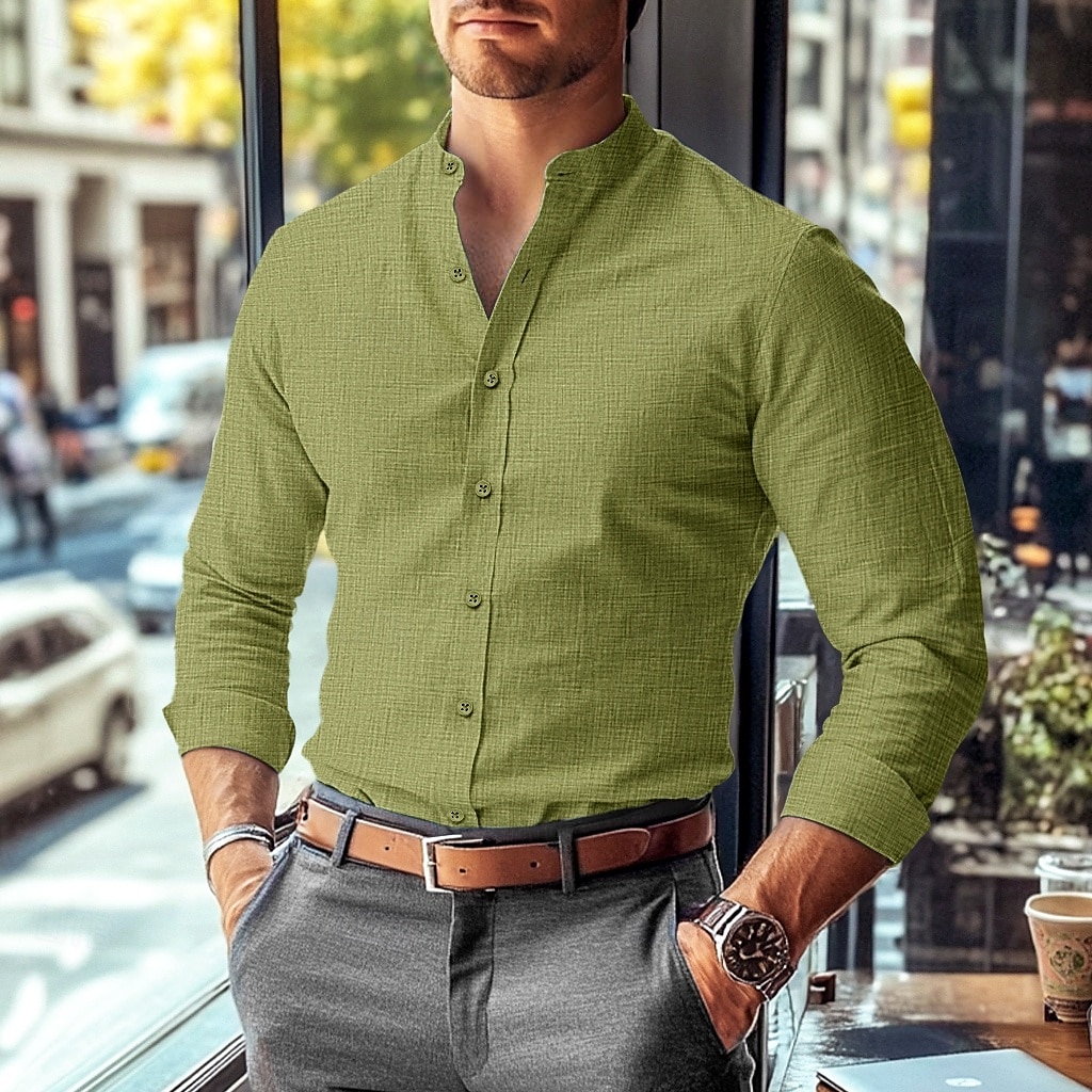 Men's Shirt Band Collar Shirt Summer Shirt Dress Shirt Button Up Shirt Solid Color Work Wear to work Black White Pink Blue Long Sleeve Collar Clothing Apparel 2025 - $27.99 –P11