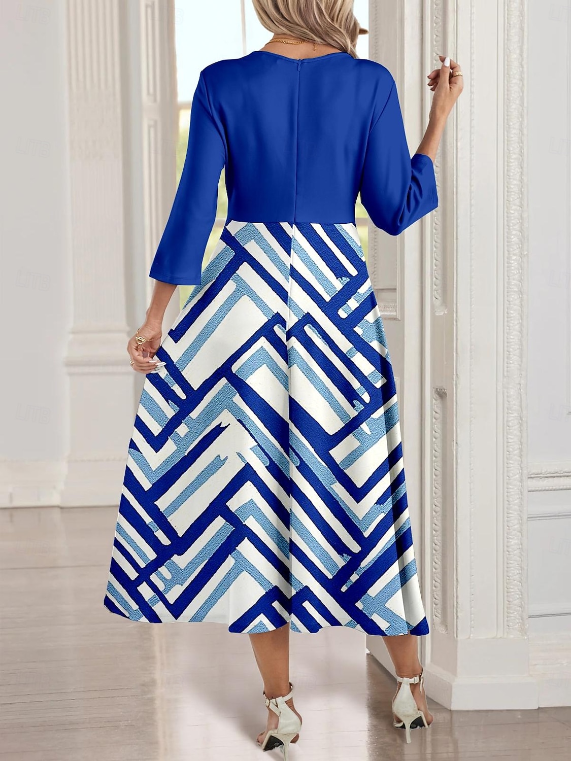 Robe midi femme Robe en A Robe décontractée Robe semi-formelle Robe de travail Fit régulier Géométrique Manches 3/4 Col en V Bleue Été Printemps Automne de 2025 ? $38.99 –P2