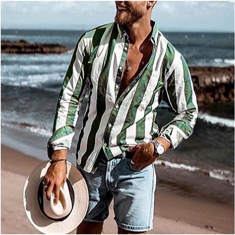 Men's Striped Geometric Pattern Shirt Long Sleeve Sports Fashion Designer Daily Holiday Spring, Fall, Winter, Summer Turndown Button-Down Purple Green Blue-White Gray 2025 - $26.99 –P4