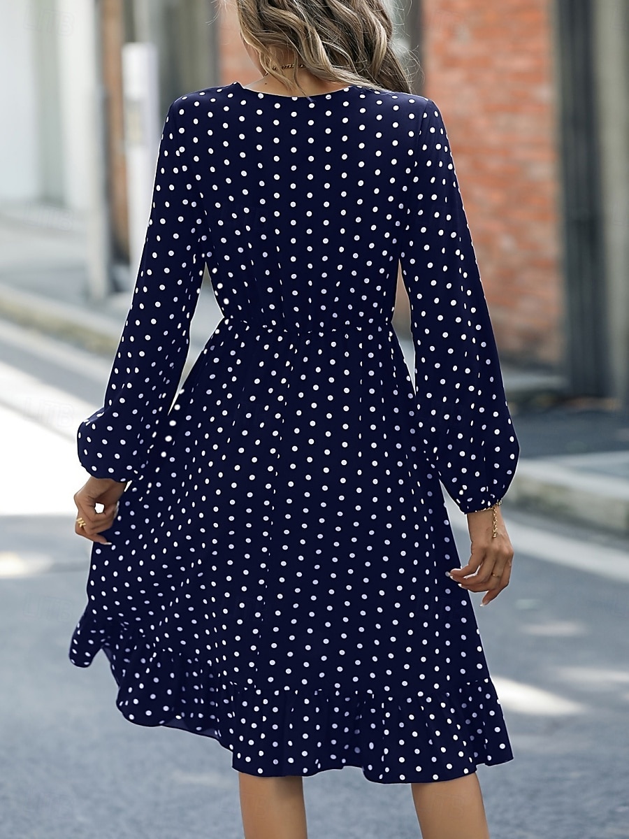 Women's Mini Dress Casual Dress A Line Dress Stylish Casual Vacation Daily Regular Fit Polka Dot Long Sleeve V Neck Navy Blue Green Spring Fall 2025 - $38.99 –P1