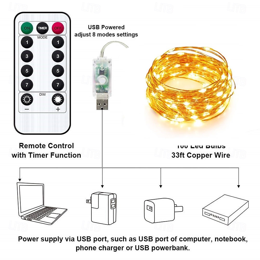 Elegant Wedding Reception Party 2pcs USB LED String Light 5M/10M/20M Telecontrol 8Mode Remote Control Lights Fairy garlands Wedding Christmas Holiday Decor lamps 2025 - $15.99 –P4