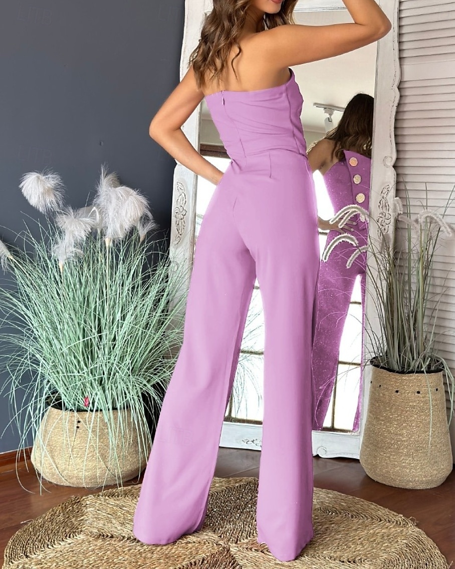 Dames Normaal Jumpsuit Elegant Effen Kleur Mouwloos Breed Been Strapless Knop Dagelijks Normale pasvorm Zwart Wit Rood Zomer 2025 - $36.99 –P12