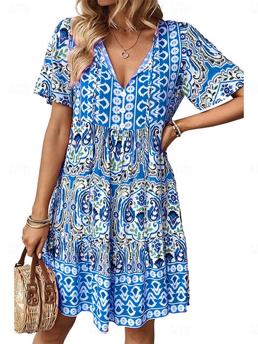 Női Mini ruha hétköznapi ruha Boho elegáns ruhák Boho ruha Csehország aranyos stílus Etno Vakáció Napi Tengerpart Laza öltözet Virágos Grafika Rövid ujjú V-alakú Medence Narancssárga Nyár Tavasz 2025 - $28.99 –P2