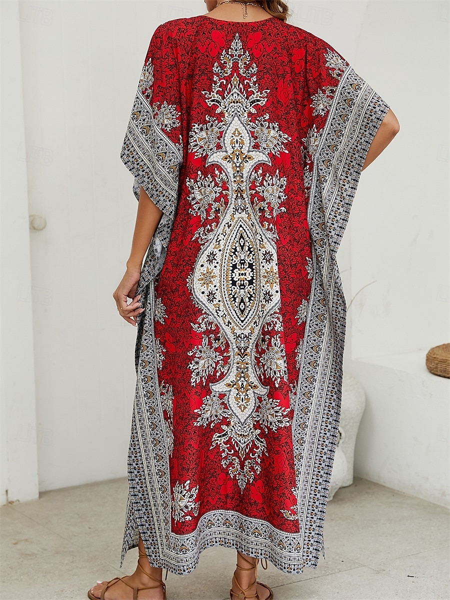 Dam Maxiklänning Vardagsklänning Boho Chic klänningar Boho-klänning bohemliv söt stil Stylish Semester Dagligen Strand Lös passning Grafisk Kortärmad V-hals Rubinrött Blå Sommar Vår Höst 2025 - $38.99 –P4