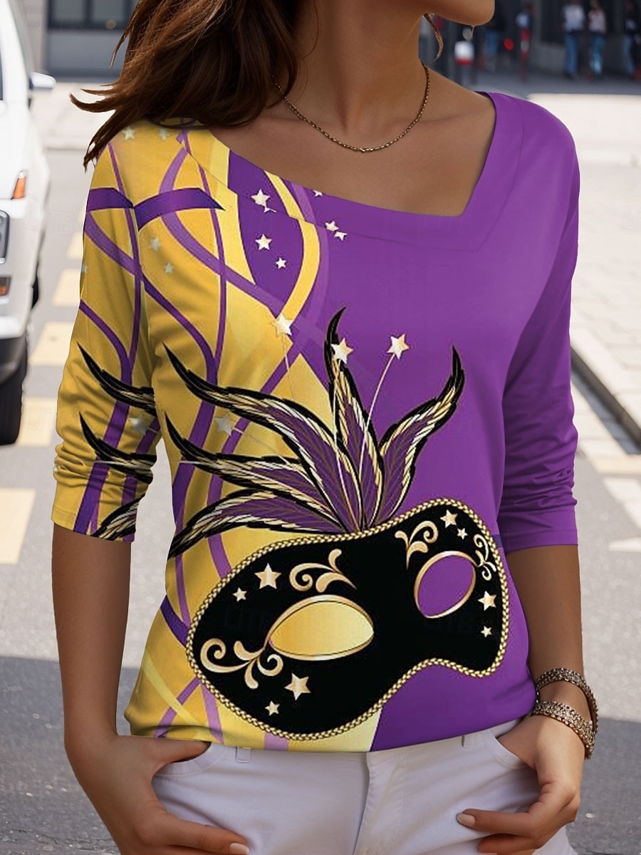 Mardi Gras Mujer Camiseta Graphic Casual Manga Larga Escote en Pico Tops regulares Diario Estampado Morado Primavera Otoño 2025 - $21.99 –P3