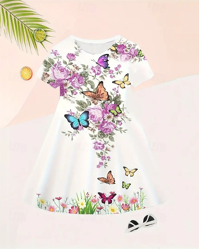 FILLE 3D Graphic Papillon Robe Manche Courte Eté Printemps Vacances du quotidien Princesse Magnifique Doux Enfants 4-12 ans Robe casual Robe Trapèze Mi-long Standard de 2026 ? GBP £12 –P2