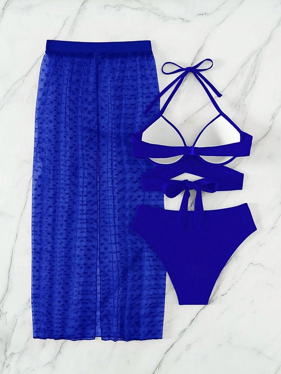 Damen Badeanzug Bikinis Drei Stück Rock Bademode Rückenfrei Schlank Urlaub Strandbekleidung Feste Farbe Halfterhals Ärmellos Badeanzüge 2025 - $31.99 –P5
