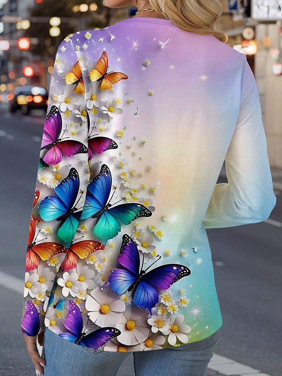 Femme T shirt A Ombre Papillon Décontractées manche longue Col Ras du Cou Hauts réguliers du quotidien Boutons Imprimer Asymétrique Violet Printemps & Automne de 2025 ? $24.99 –P2