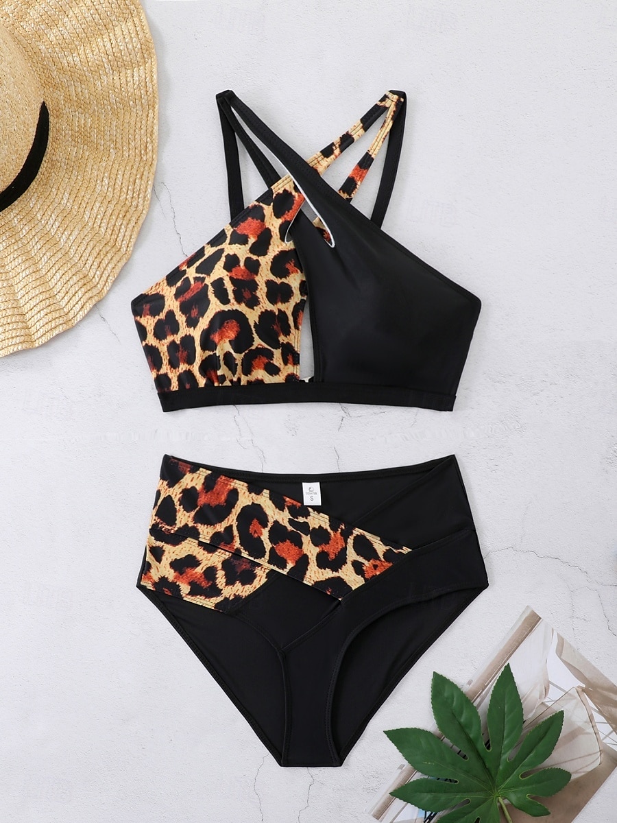 Dam Badkläder Bikini 2 st Kalsonger Baddräkt Öppen rygg Utklippt Smal Hög midja Semester Standkläder Leopard V-hals Ärmlös Baddräkter 2025 - $29.99 –P2