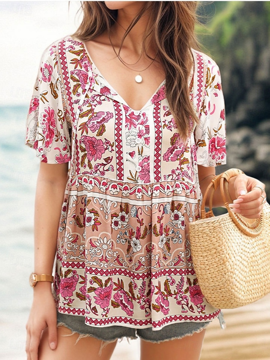 Pentru femei Cămașă Bluză Floral Boemia Casual Manșon scurt În V Topuri obișnuite Zilnic Imprimeu Alb Roz Îmbujorat Bleumarin Vară Primăvară 2025 - $29.99 –P1