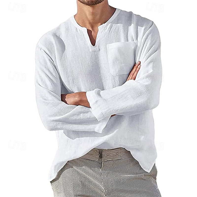 Homme Chemise Chemise Lin Chemise décontractée Plein Vacances Hawaïen Noir Blanche Vert Abricot manche longue Col V Printemps & Automne Vêtement Tenue Poche de 2025 ? $4.99 –P2