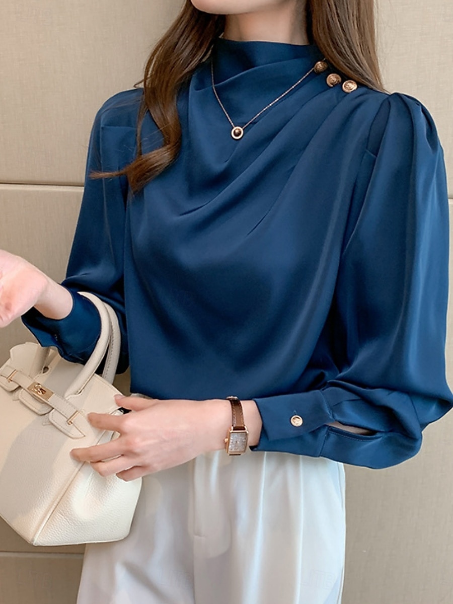 Damen Hemd Bluse Feste Farbe Basic Brautkleider schlicht Langarm Rollkragen Normale Oberteile Täglich Rüschen Weiß Rote Blau Sommer Frühling Herbst 2025 - $23.99 –P10