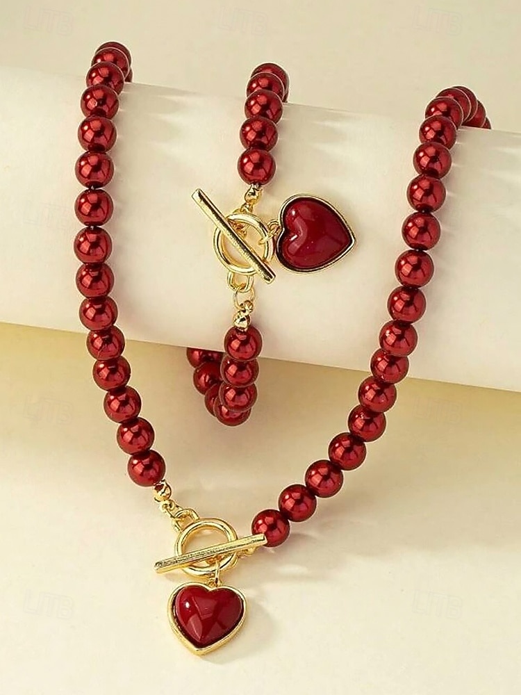 Set aus Halskette und Armband aus roten Perlen für Damen mit Herzanhänger, goldfarbenem Verschlussdesign, eleganter Schmuck als Geschenk zum Valentinstag, für Hochzeiten und besondere Anlässe 2025 - $11.99 –P3