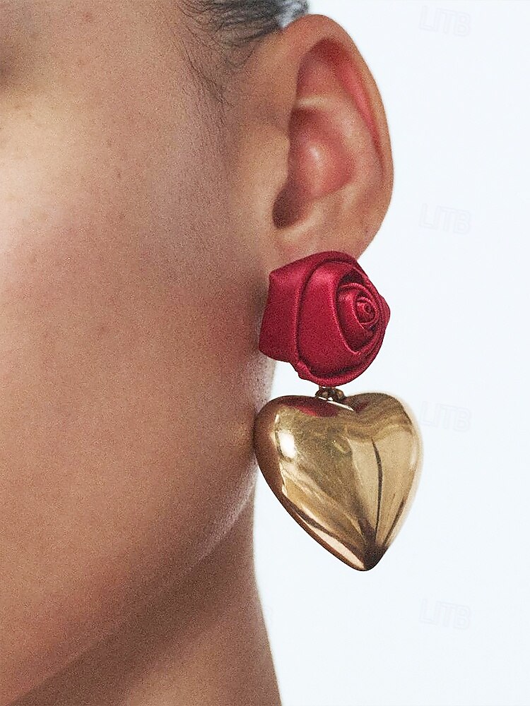 brincos femininos românticos de rosa e coração, flor de cetim vermelho com design de coração dourado, joias de destaque para casamentos, presentes de dia dos namorados e ocasiões especiais de 2025 por $7.99 –P2