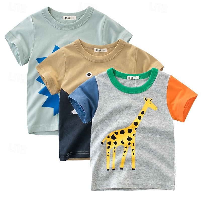 Multipack 3st Pojkar Rund hals Kort ärm Grå+Gul+Grön T-shirt T-tröja Mönster Grafisk Semester Dagliga kläder 100 % bomull Vår & sommar 2025 - $22.99 –P1