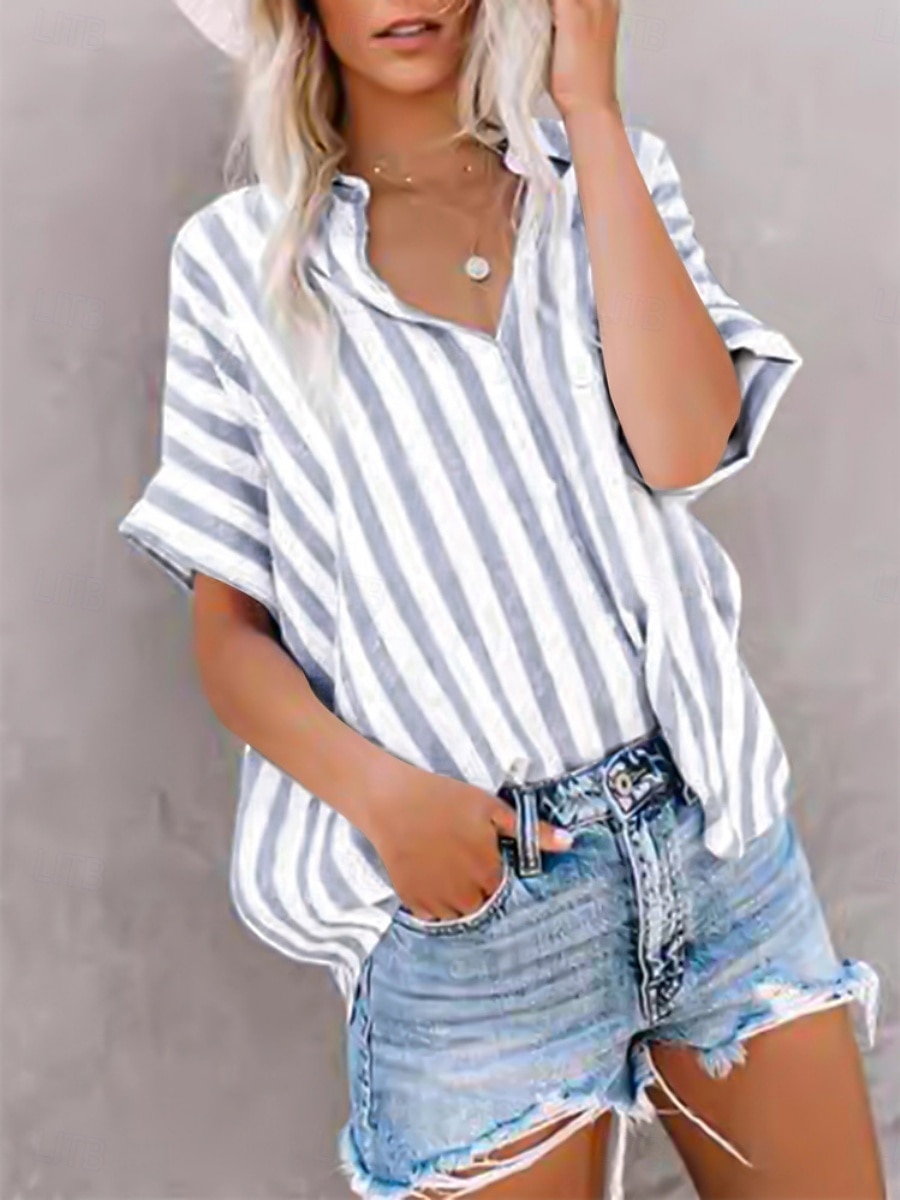 Women's Shirt Blouse Striped Casual Short Sleeve Shirt Collar Regular Tops Daily Buttons Print Blue Gray Summer Spring 2025 - $28.99 –P6