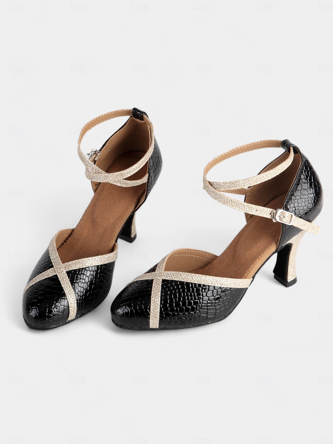 Black and Gold Crocodile Pattern Dance Shoes for Women with Glitter Strap and Mid Heel - Perfect for Ballroom and Latin Dancing 2025 - $46.99 –P5