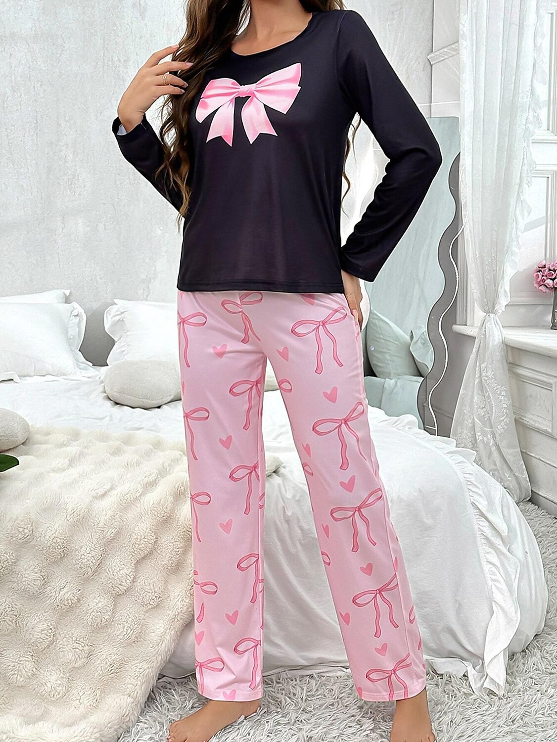 Dam Pyjamas set Ledigt Komfort Comfrt Hjärta T-shirt Byxa Hem Långärmad Rund hals Rodnande Rosa Vår Höst Vinter 2025 - $31.99 –P5