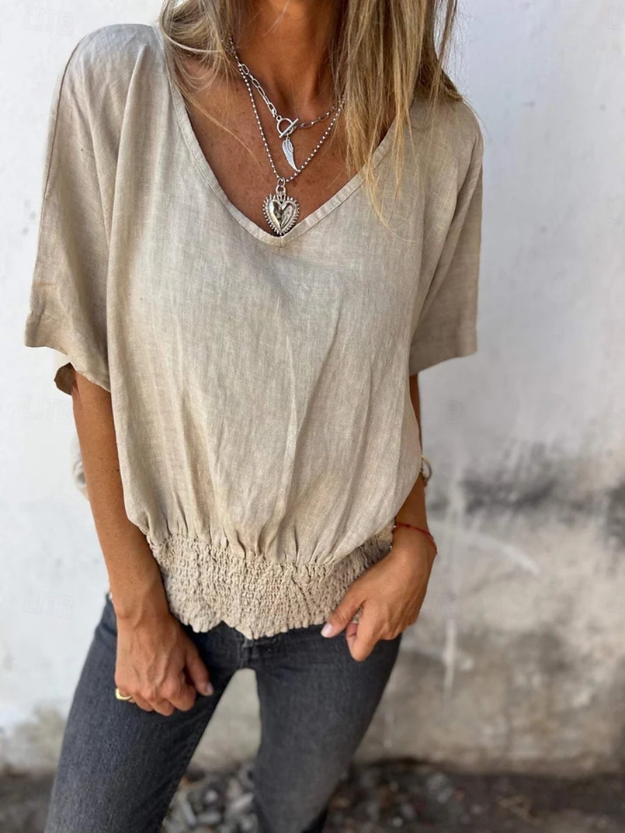 Dame Skjorte Bluse Skjorter i bomullslin Helfarge Grunnleggende Fritid Kortermet V-hals Vanlige topper Daglig Rynket Hvit Brun Beige Sommer Vår 2025 - $26.99 –P4