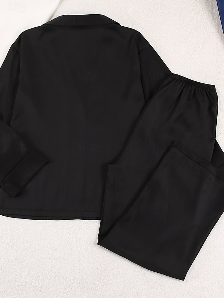 Pentru femei Set pijama Casual Confortabili Culoare pură Butonul sus Talie elastică Cămașă Pantaloni Casă Zilnic Manșon Lung Guler Cămașă Negru Trifoi Vară Primăvară Toamnă Fit regulat 2025 - $54.99 –P7