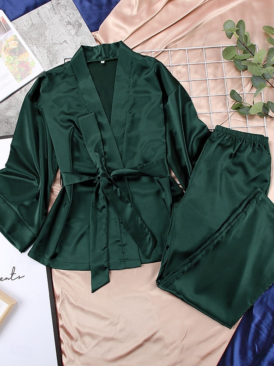 Per donna Set pigiama Informale Comoda Colore puro Vita elastica Top dell'accappatoio Pantalone Interni Giornaliero Mezza manica A V Nero Blu Verde Estate Primavera Autunno Standard del 2025 a $24.99 –P6