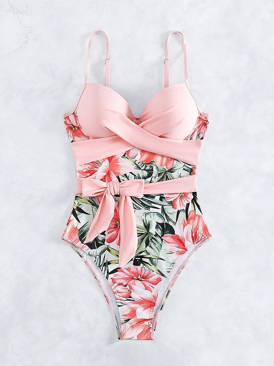 Dam Badkläder En bit Monokini Baddräkt Öppen rygg Magkontroll Hög midja Smal Semester Standkläder Blommig V-hals Ärmlös Baddräkter 2025 - $27.99 –P3