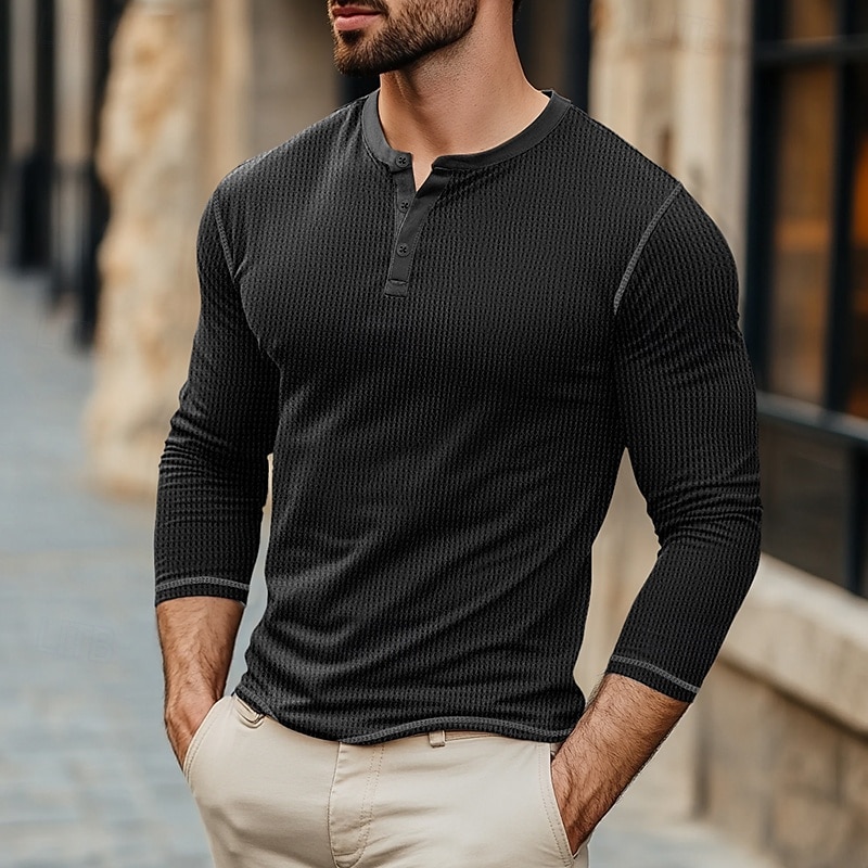 Men's T Shirt Henley Shirt Waffle Knit Tee Tee Top Long Sleeve Henley Spring &  Fall Color Block Fashion Designer Basic Patchwork Vacation Street Going out Black White Blue Top Tee for Men 2025 - $18.99 –P5