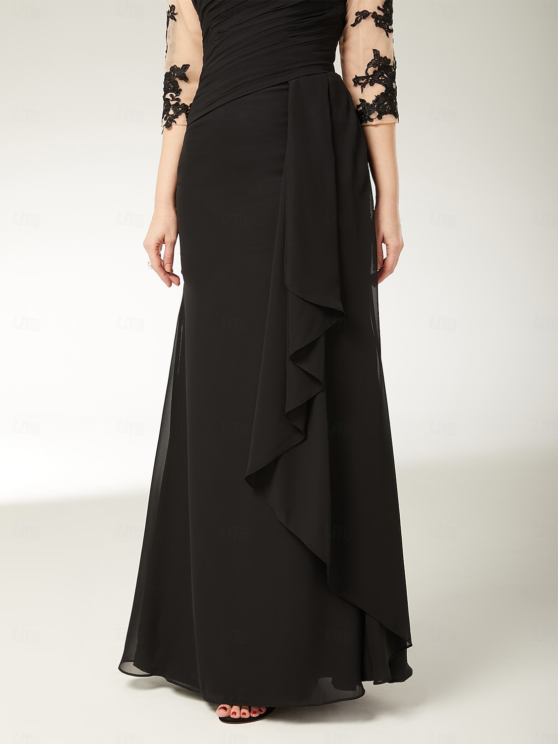 A-Linien-Kleid für die Mutter der Braut in Übergröße, U-Boot-Ausschnitt, bodenlang, Chiffon, Spitze, halbe Ärmel mit drapierten Applikationen, 2025 2025 - $152.99 –P6