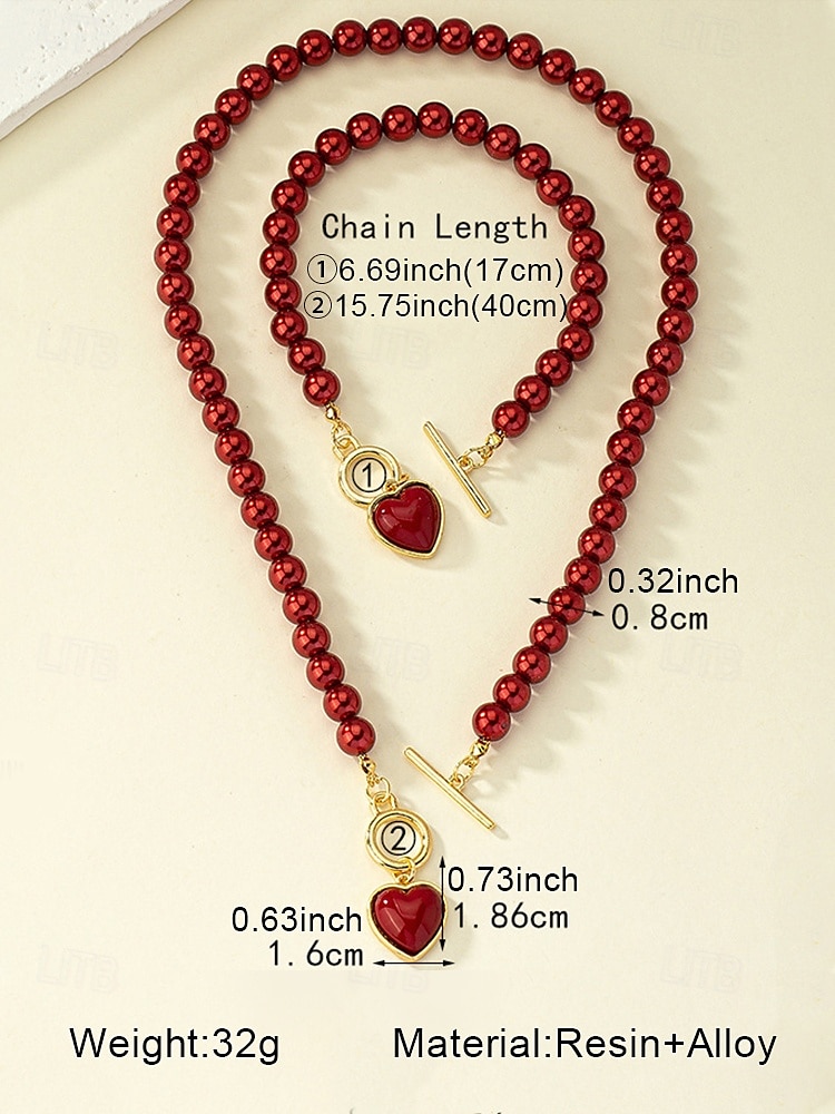 2026年 女性用レッドパールネックレスとブレスレットセット、ハートペンダント、ゴールドトーン留め金デザイン、バレンタインデーギフト、結婚式、特別な機会に最適なエレガントなジュエリー  コレクション – $9.99 –P4