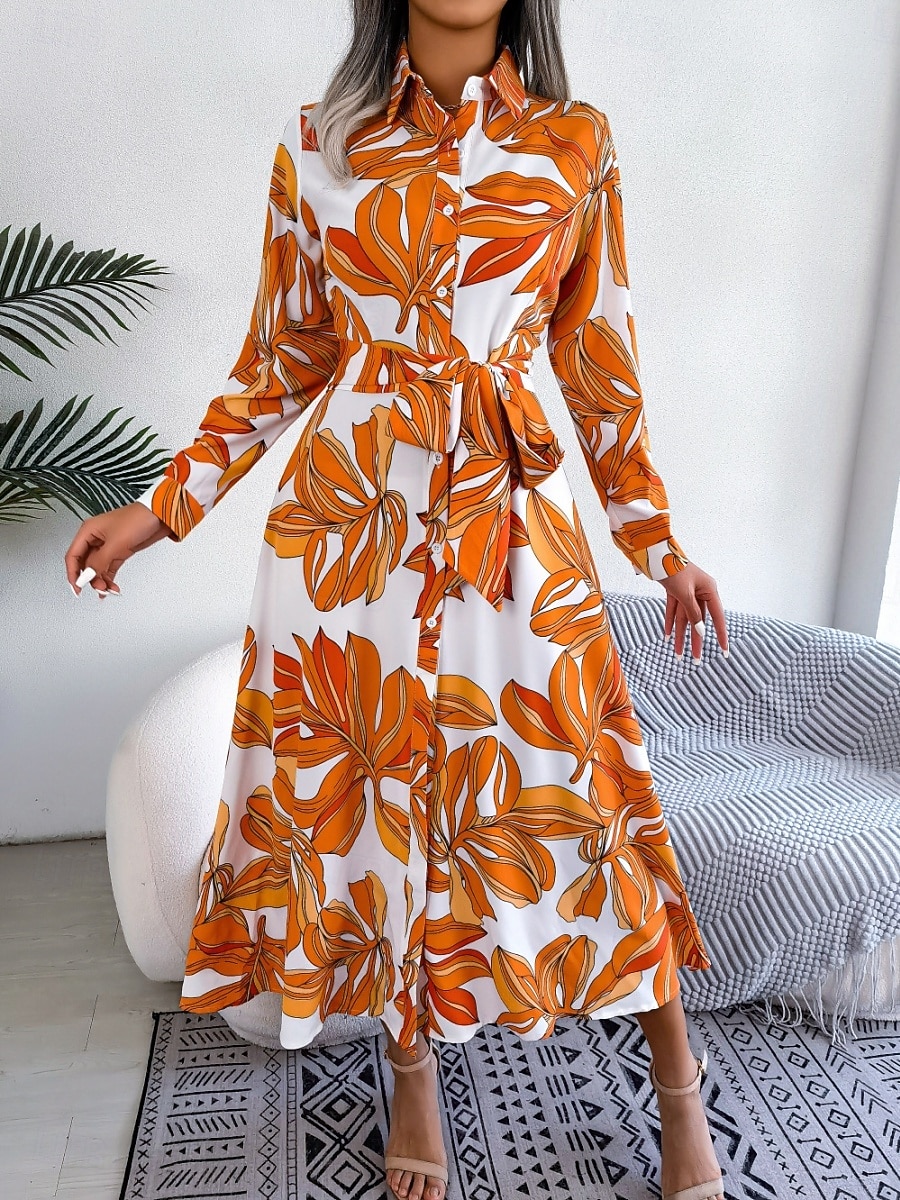 Damskie Sukienka maxi Sukienka koszulowa Codzienne sukienki Sukienka A line Elegancki Codzienny Urlop Codzienny Regularny Kwiaty Długi rękaw Kołnierzyk koszuli Niebieski Pomarańczowy Wiosna Jesień 2025 - $38.99 –P10