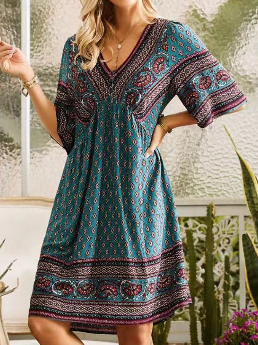 Damen Minikleid Casual kleid A Linie Kleid Boho-Kleid Böhmen Ethnisch Brautkleider schlicht Urlaub Täglich Regular Fit Blumen 3/4 Ärmel V Ausschnitt Purpur Fuchsie Grün Frühling Herbst 2025 - $35.99 –P1